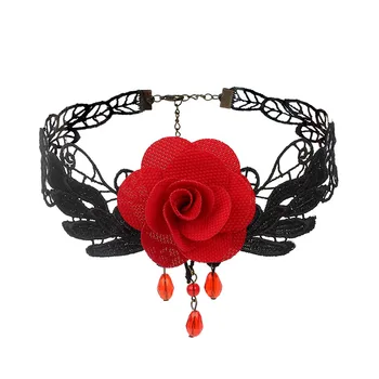 Hot Selling Punk Retro Tassel Chain Jewelry Black Beaded Flower Sexy Lace Neck Necklace Gothic Lace Choker Necklace