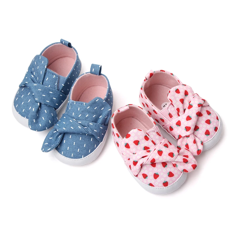 New Bow Striped Strawberry Print Soft Soled Spring and Autumn Toddler Shoes for Baby Girls
