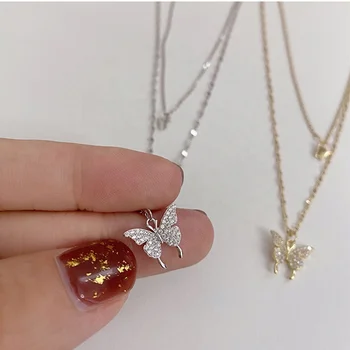 Trendy 925 Sterling Silver Flash Diamond Butterfly Double Necklace Women Simple Design Crystal Elegant Wedding Jewelry Gifts