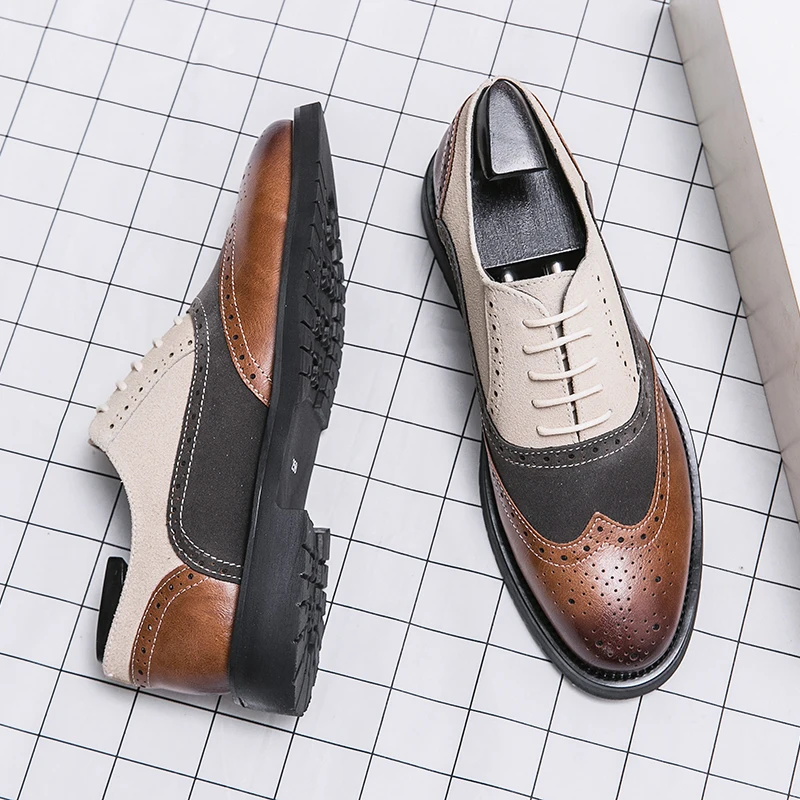 Bottes Homme Oxford Style Brogue à Bout Ailé - Cuir Synthétique, Lacets, Semelle Caoutchouc, Pour Occasions Habillées