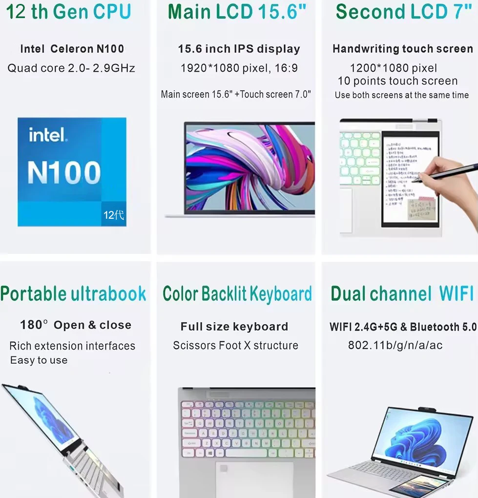 Brand New Custom Logo 15.6 Inch Intel N100 RGB Business Student 16GB 32GB DDR4 Double Monitor 512GB Touch Dual Screen Laptop