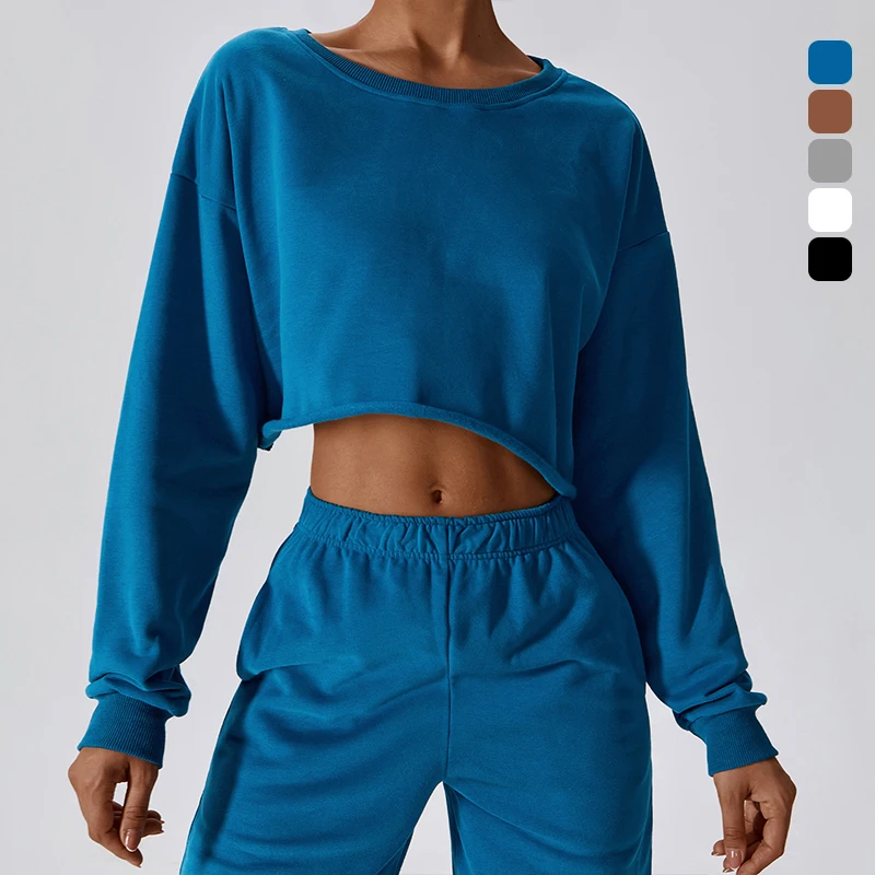 FANCO Wholesale Custom Cotton Jogger Wear Two Piece Outfit Crop Top Crew Neck Sweatshirt and Sweatpants Set Women