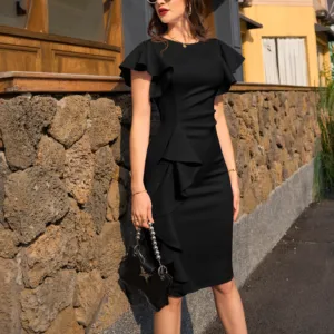 New Design Ruffles Sleeve Simple Round Neck Elegant Asymmetrical Office Dress