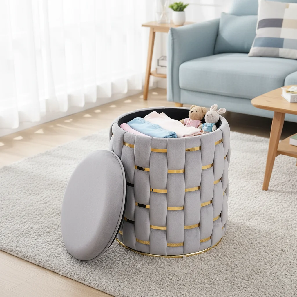 Modern Living Room Furniture Fabric Gold Side Velvet Ottoman Stool with Storage