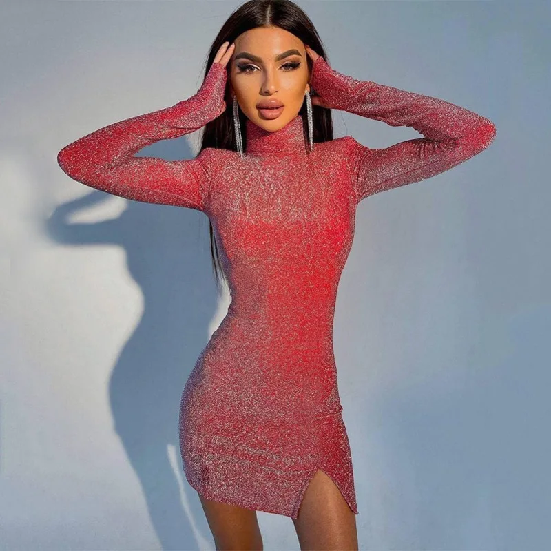 Vestido Corto De Manga Larga Ajustado Para Mujer,Vestido Elegante Liso Con  Cuello De Tortuga Para Fiesta,Venta Al Por Mayor - Buy Vestidos Elegantes,Venta  Al Por Mayor Logotipo Personalizado Mujeres Señoras Color Sólido