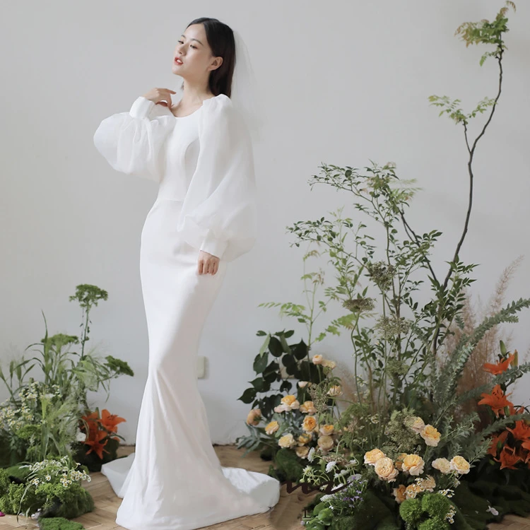 S809F  New White Trailing Temperament Simple White Puff Sleeve Slim Satin Bridal Toast Women Wedding Dress