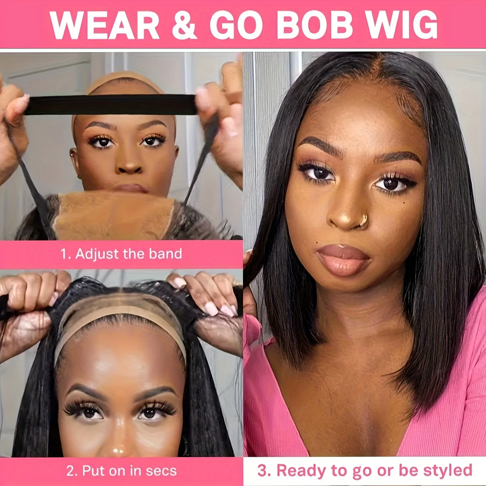 Wear and Go Bob-Perücken ohne Kleber, Echthaar, vorgezupft, vorgeschnitten, 8 x 5 Zoll, transparente Perücken mit Spitzenverschluss, 180 % Dichte, Damenperücken_voghion.com