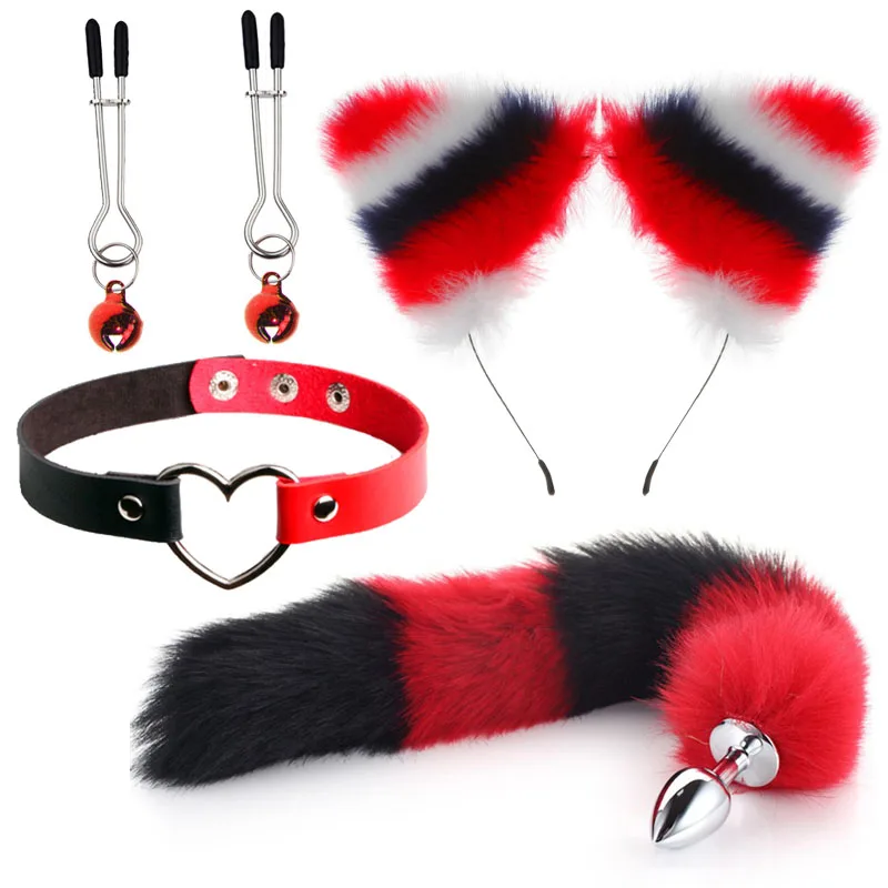 Metal Butt Plug 4 In 1 Fur Set Skin Friendly Smooth Touch Anal Plug Fox Tail Breast Clip Hairpin Couple Cosplay Multi-color_voghion.com
