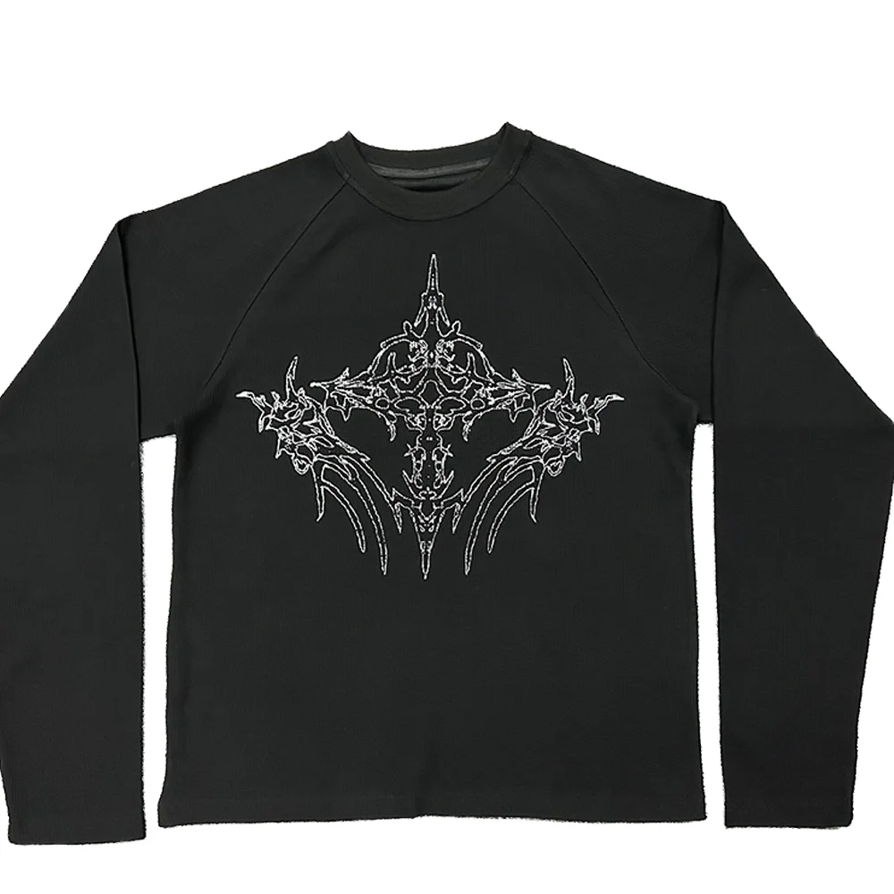 Custom Waffle Knit Thermal Long Raglan Sleeve Men Thermal T Shirts Cotton Black Men Regular Fit Casual Print T-Shirt