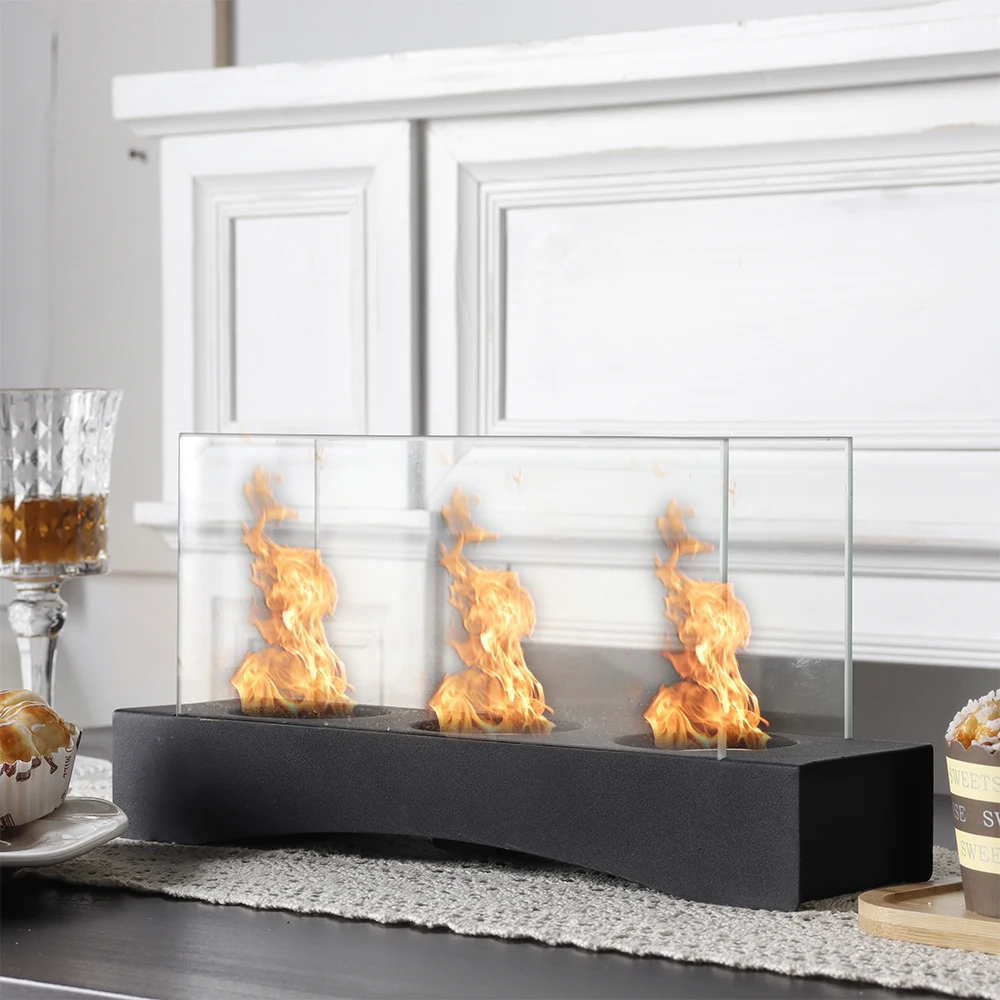 Portable Coffee Table Burner Fire Pit Desk Tabletop Bio Ethanol Glass Fireplace Three Fire
