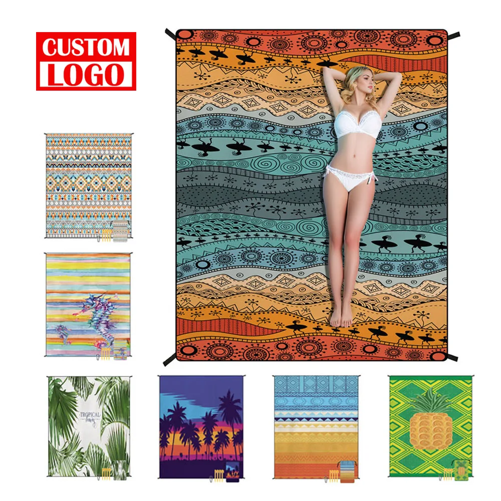 Large Big Sand Proof Waterproof Custom Logo Design Beach Mat Sand Free Beach Blanket With Storage Bag for Outdoor Picnic Camping