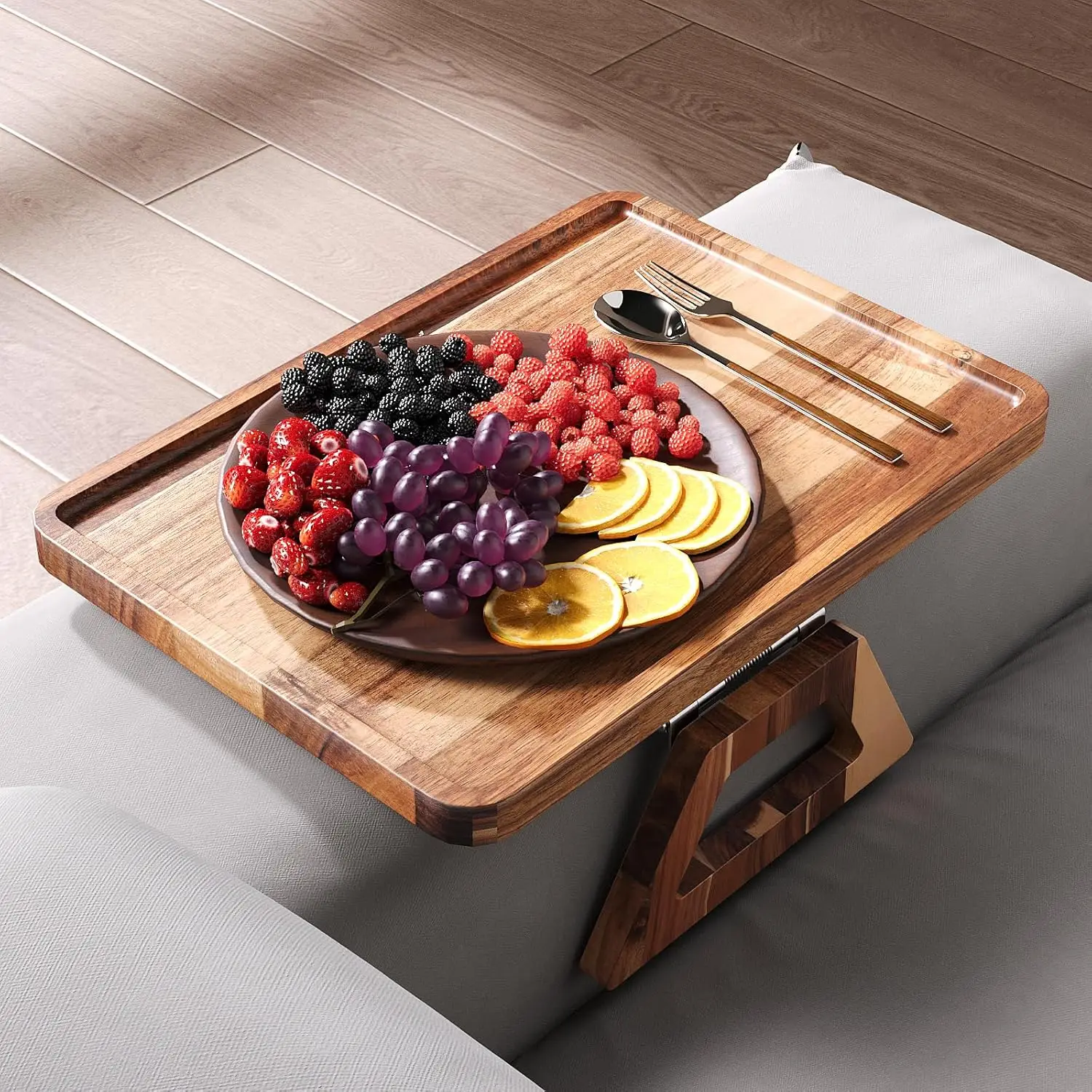 Wholesale Foldable Acacia Wood Lacquer Eco-Friendly Multi-Purpose Sofa Armrest Table with Cup Holder for Drinks & Snacks