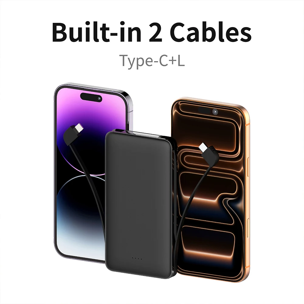 Built-in 2-cable Power Bank 10000mAh 10W Fast Charging Portable Charger with Power Display Ultra-thin Black/White RSQ3-Ultra