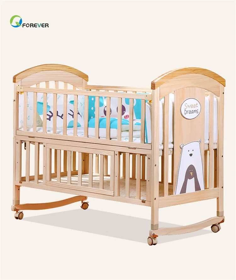 YQ JENMW Solid wood crib Best selling solid pine wooden baby bed design/baby swing cot/baby crib attached adult bed