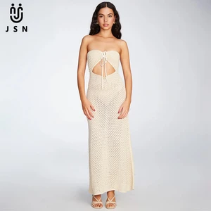 JSN 2026 Customized Hot Sale Knitted Backless One Piece Hollow Out Swimdress for Ladies Women's Halter Swimwear Hollow Beachwear