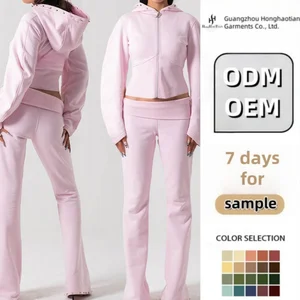ODM Woman Fall Sets Loungewear Women Sets Custom logo Pink Cropped Zip up Hoodie and Sweatpants Set Wholesale Lounge Wear Sets