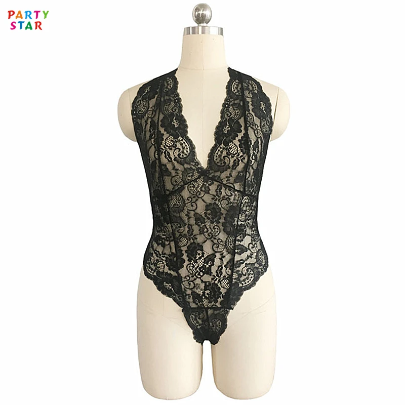 Hot Sell Black White Lace Three-point One Piece Tie Halter Neck Sexy Lingerie Women Jumpsuit