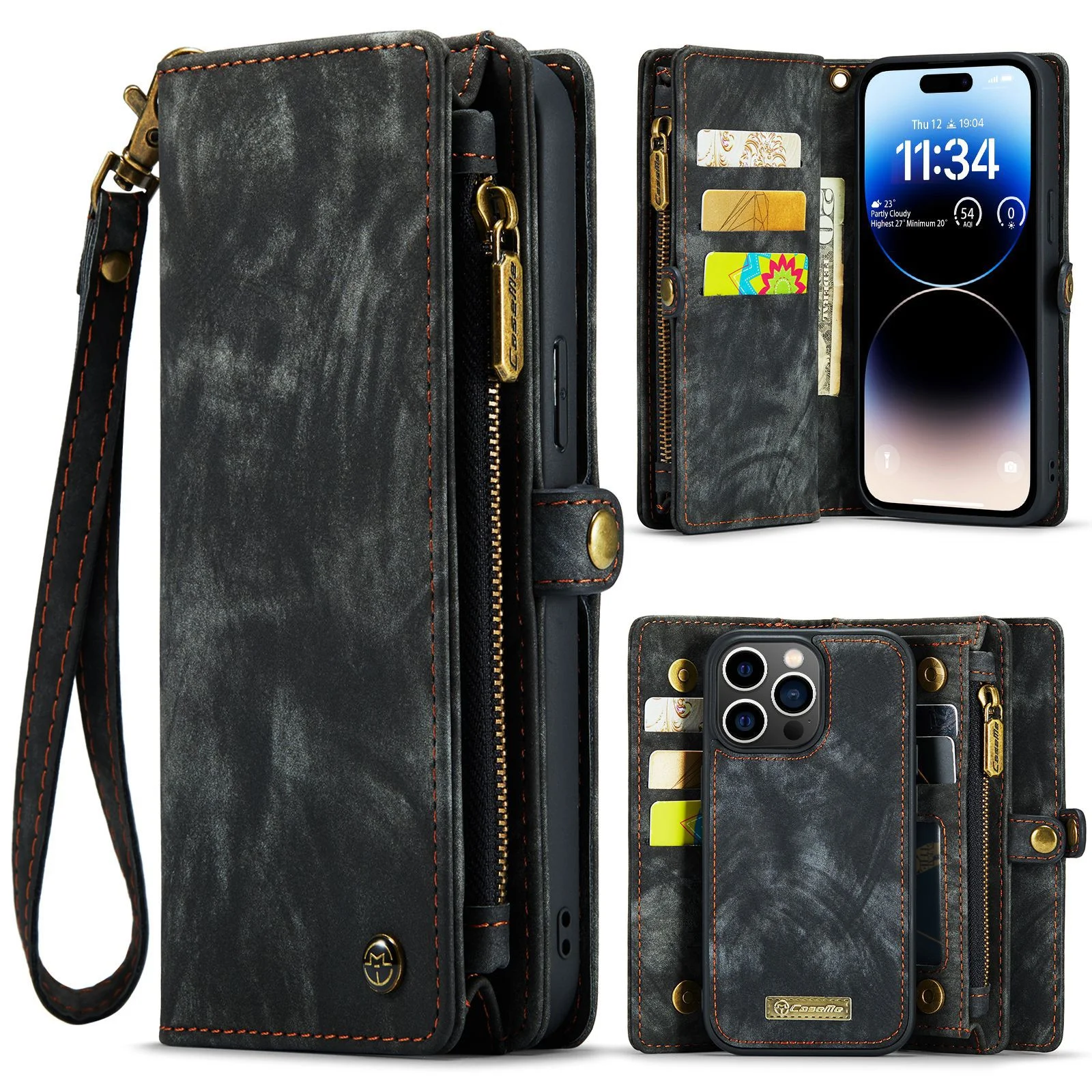 Genuine Leather Wallet Phone Case For Iphone 16 15 14 13 12 Plus Pro Max Wrist Strap Zipper Pocket Credit Card Case for Samsung