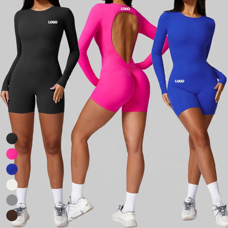 VOYJOY Women Backless Scrunch Butt Jumpsuits One Piece U-Neck Bodycon Leggings Yoga Rompers V-Back Playsuit