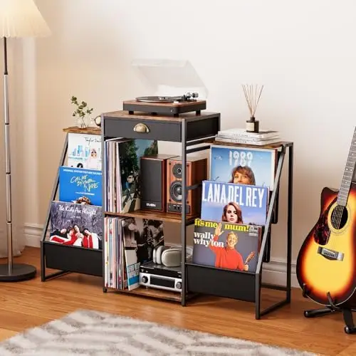 Brown Dual Side Display Shelves with 6-Bin Vinyl Storage Rack Drawer Audio Video Accessory Record Player Stand for Living Room