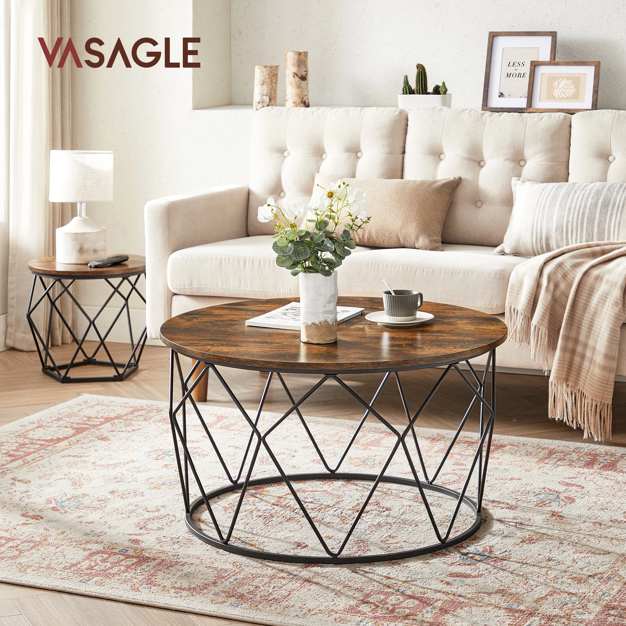 VASAGLE Round Coffee Table Wood and Iron with Detachable Desktop Simple Wooden Coffee Table