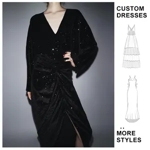 Custom Winter New Arrival Women's Deep V Neck Long Sleeve Pleated Waist Sequins Velvet Black Elegant Sexy Dress Popular