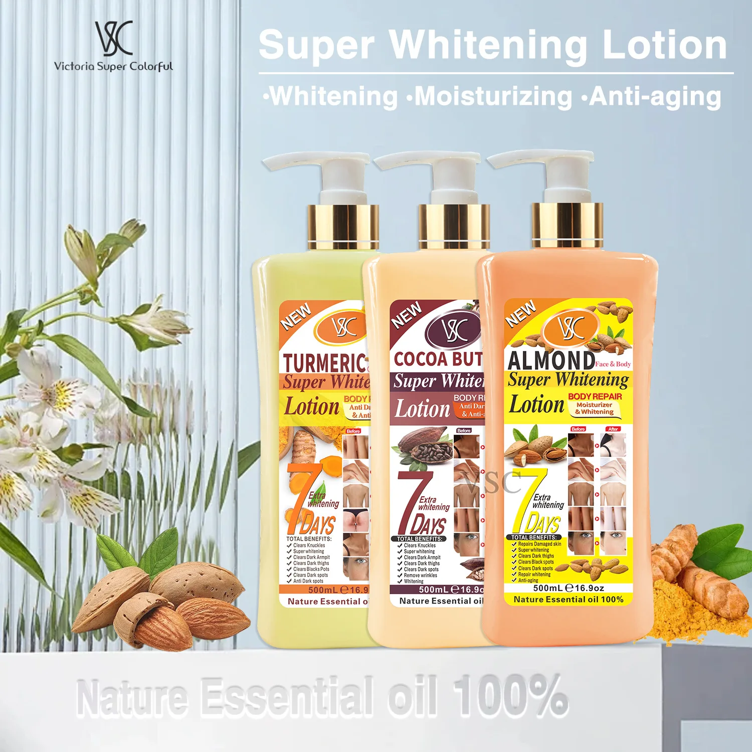 500ml Lotion 7 Days Super Skin Whitening Moisturizing Smoothing Turmeric Carrot Papaya Almond Cocoa Body Repair Body Cream