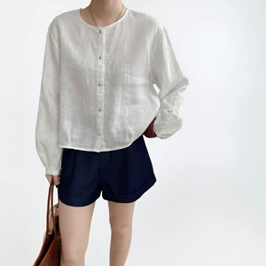 Custom Women's White Linen Round-Neck Button- Up Shirt with Puff Sleeves