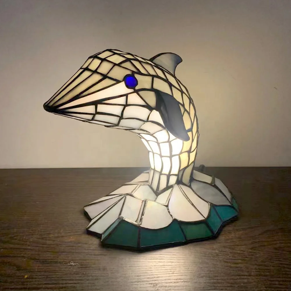 LongHuiJing Antique Stained Glass Dolphin Pattern Lampshade Tiffany Lamp for Hotel Decoration