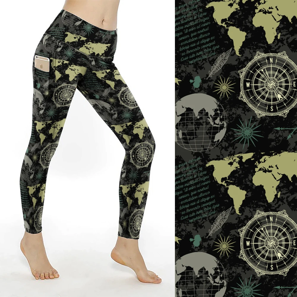 Low Moq Custom World Map Printed Leggings High Waist Buttery Soft Leggings With Pockets for Women