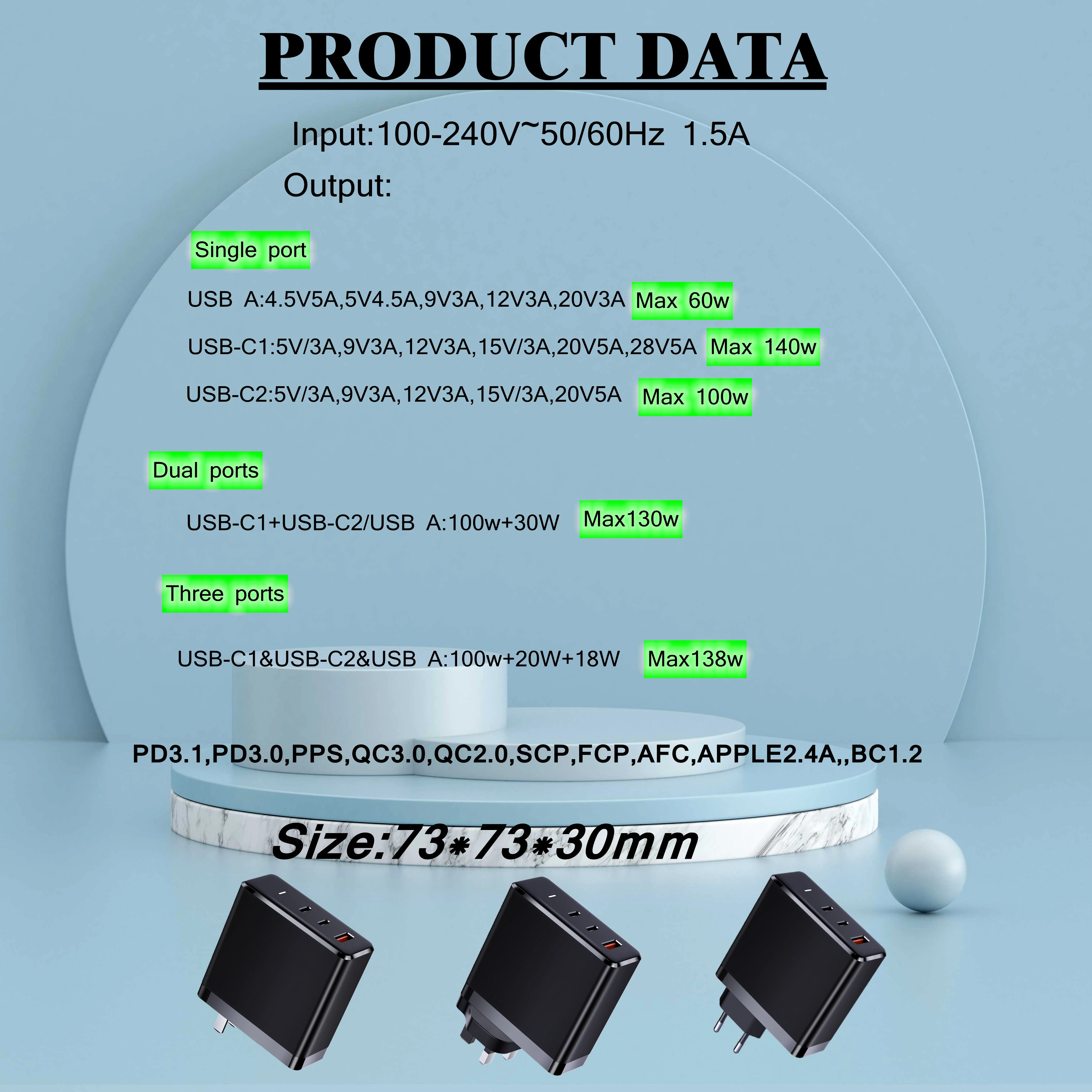 140w 100w 60 Charger Quick 3 Port Plug 140w Gan Charging Hub Pd Qc 140 ...