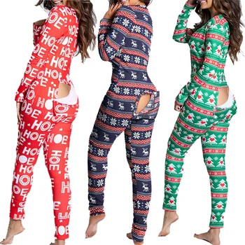 New Arrivals Pajamas Christmas Button Flip Printed Long Sleeved Jumpsuit Women Sleepwear Christmas Pajamas Onesie For Adults