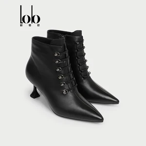 Ladies Pointed Toe Mid-Calf Solid Winter Boots Side Zipper Cow Leather Ankle Bootie High Heel Shoes Breathable Lightweight Black