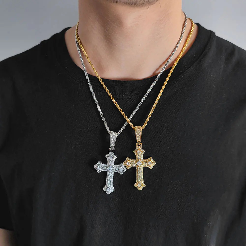 Collier Croix Homme 925 Argent Sterling Plaqué Or 18K Avec Zircone Cubique - Pendentif Hip Hop Diamanté