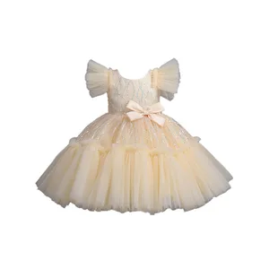 For New Children's Dress Girls Sequins Puffy Yarn Piano Performance Princess Spring 2023 Cotton Blend Cross-Border Exclusive