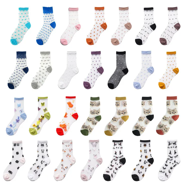 Оптовая продажа, прозрачные носки со стразами, стеклянные сетчатые кружевные милые чулки для девочек-подростков