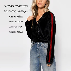 OEM Manufacturer's Custom Crop Velvet Pullover Hoodie Women's Vintage New Design with Side Stripes Wholesale
