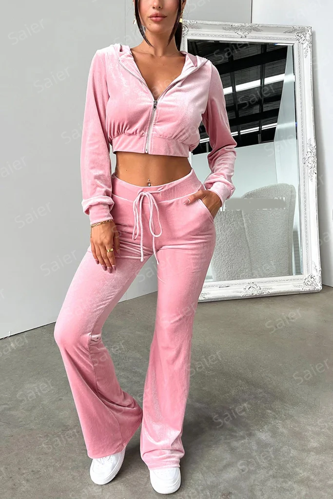 Custom Velour Tracksuit 2 Piece Cropped Zip Up Hoodie And Pants Set For