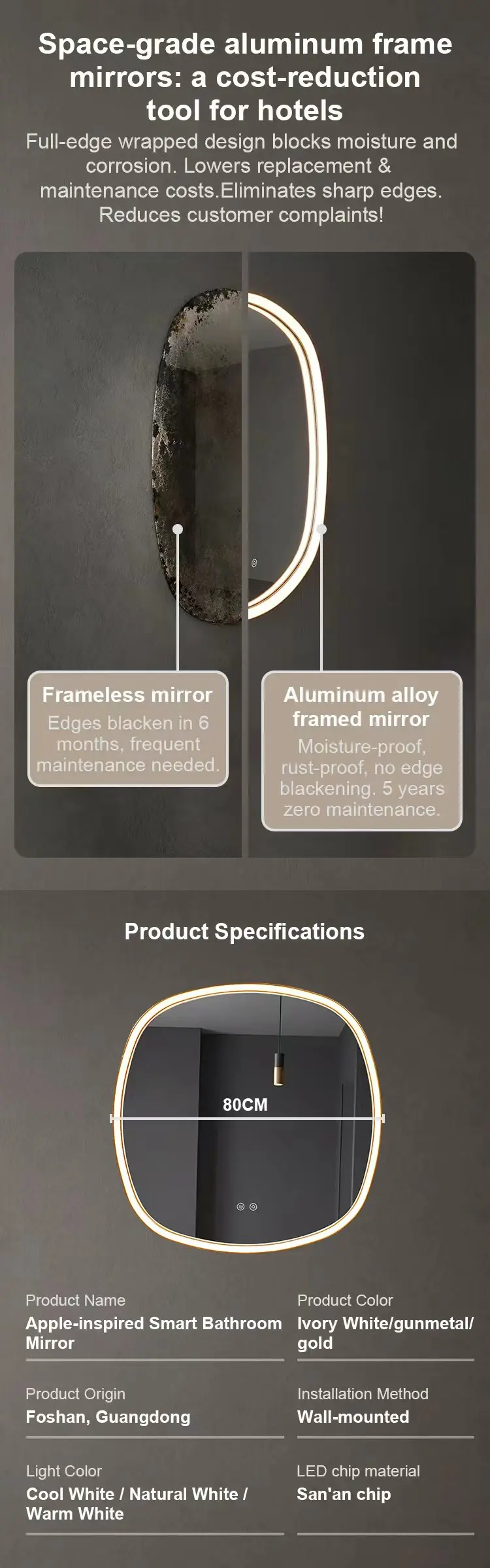 Aluminum Frame Smart Mirror Anti-fog Backlit LED Mirror with Temp Display for Luxury Hotel