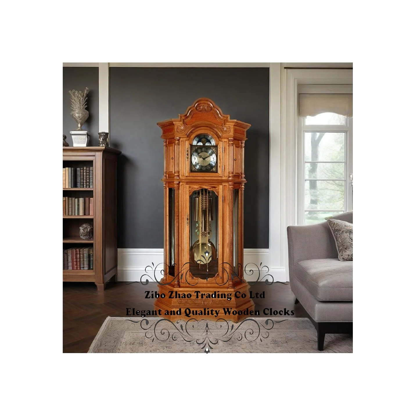 Reloj de abuelo de piso de madera accionado por cable, movimiento