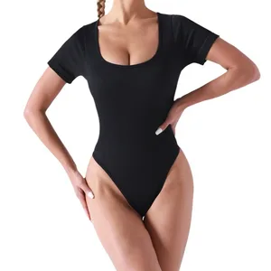 Popular New Fitenss Bodysuit Square Neck Short Sleeve Stretch Tops Jumpsuit Bodysuit for Women
