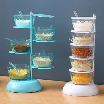 Plastic Standing Spice Condiment Containers Rack Multi-layer Revolving Seasoning Box with Spoons & Non-Slip Bottom for Kitchen