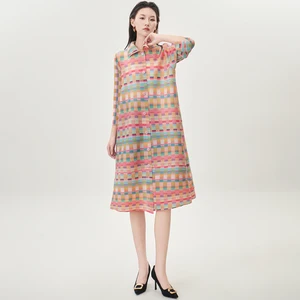 Women's Elegant Dress Design Stretch Printed Shirt Dress Factory Wholesale Casual Dress Miyake Pleated Dress