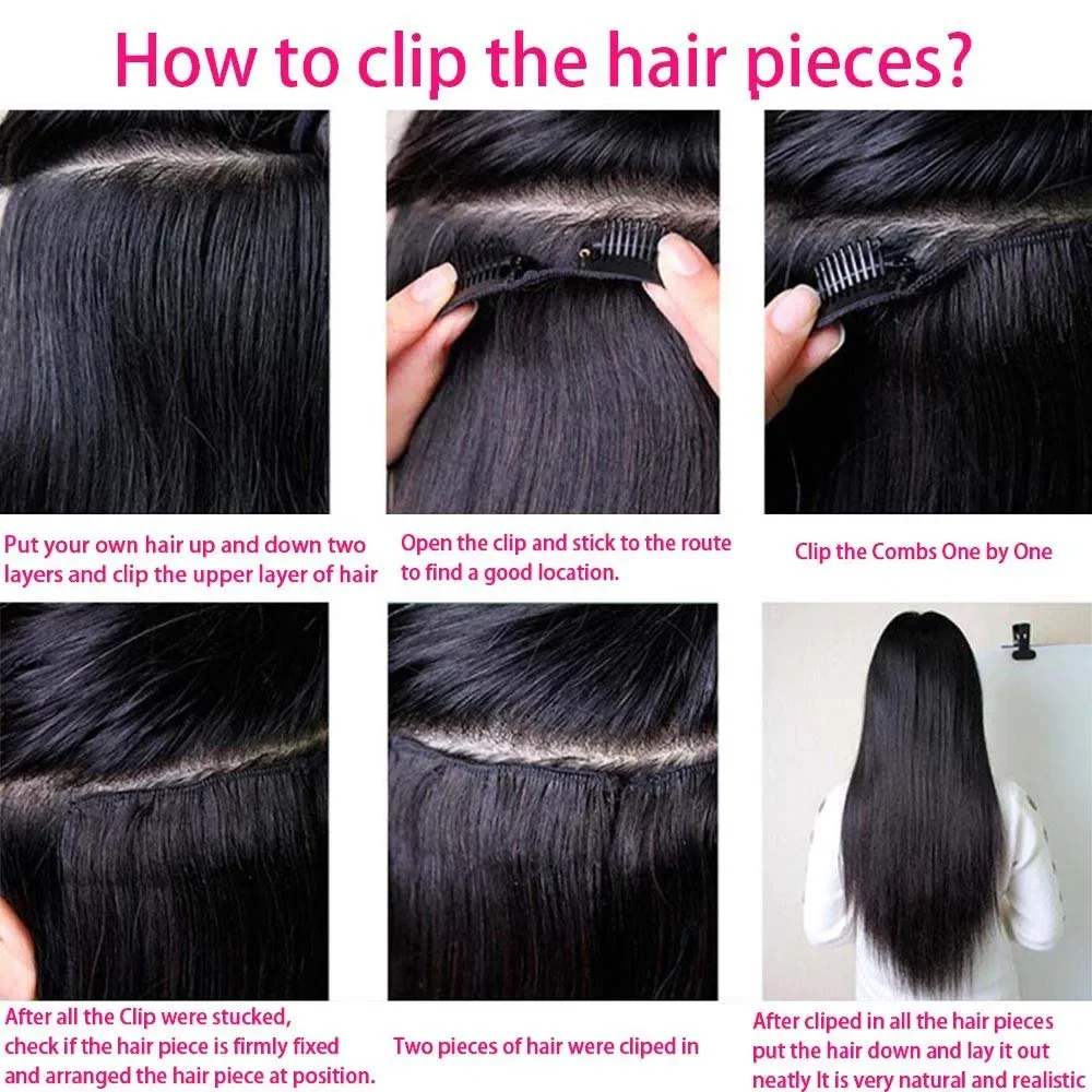 Extensions de cheveux à clipser Cheveux humains Couleur naturelle Cheveux humains raides Extension à clipser sans couture 16-26 pouces Extension de cheveux à clipser_voghion.com
