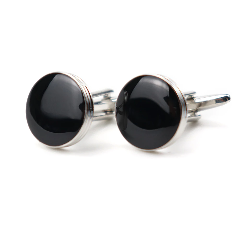 Round Rhodium Lined Border Case Custom Gift Cufflink Black Enamel ...