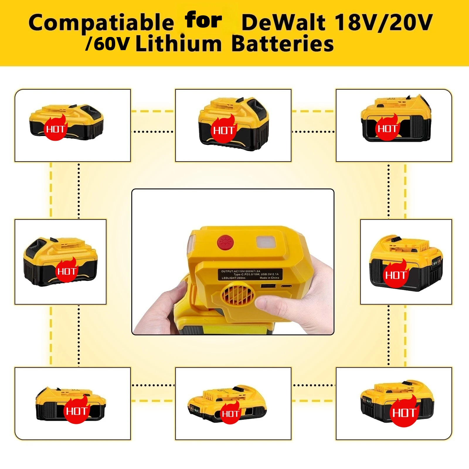 200W Power Inverter Suit 20V Lithium Battery,convert for Dewalt Battery DC  to AC Portable Supply Inverter Generator Guangdong
