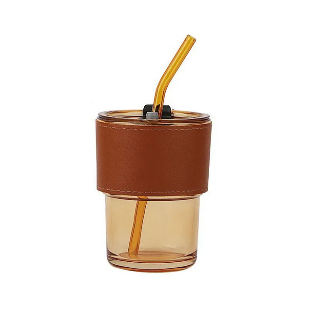 13.5oz/400ml Leather Cup Covered Mug with Straw and Lid Sealed Carry for Coffee and Iced Tea Thick Wall Insulated Glass Mug