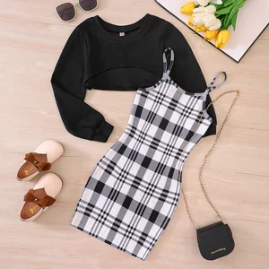 2026 Spring Autumn Fashion Kids Clothes Long Sleeve Short Irregular T Shirt Plaid Dresses Two Piece Children Clothing for Girls