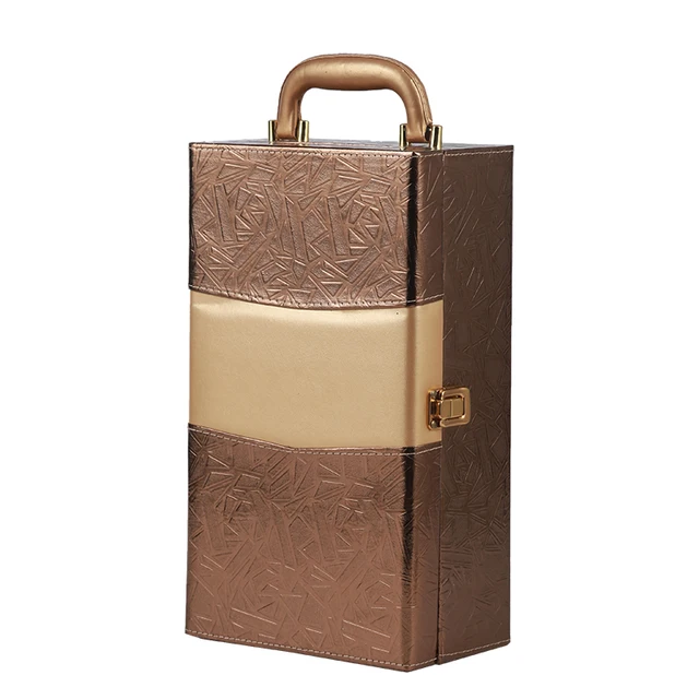 Wholesale PU Boxes Stock Made Luxury Cardboard Classical Leather Packaging Wine Gift Box Small Leather Suitcase Box with Handle