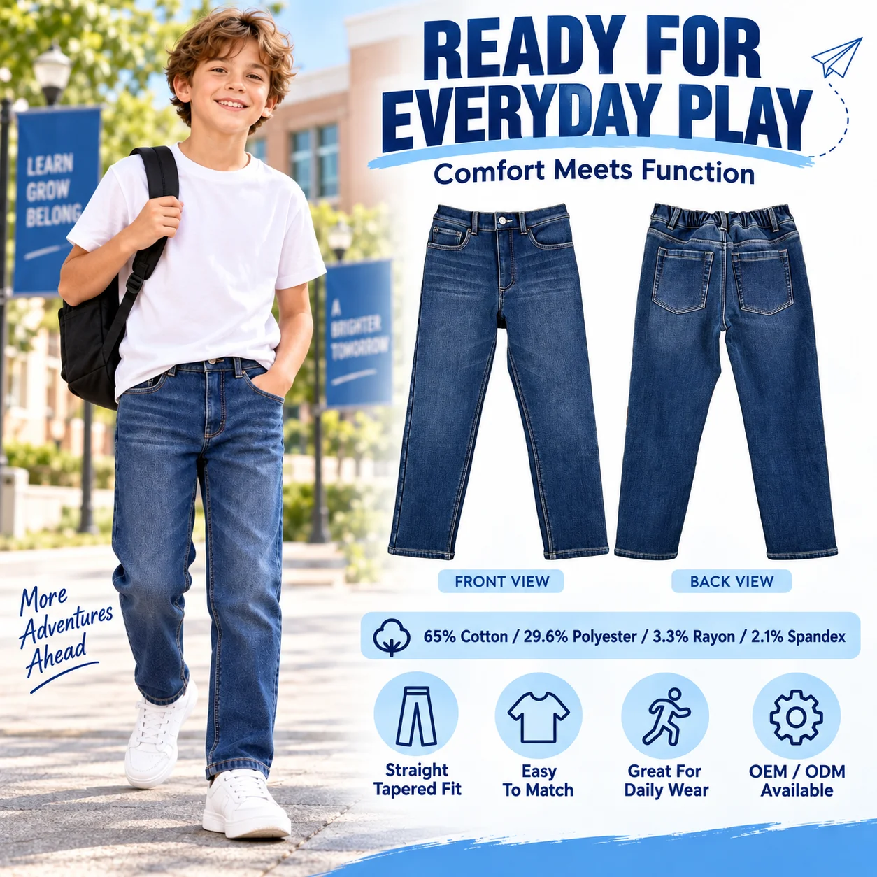 OEM ODM boys Denim Jeans Boys Light Blue Straight Fit Casual Breathable Eco-Friendly Garment Dyed Cotton Washed Pants Custom